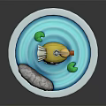 Cartoon Scene With Yellow Duck Floating In Round Blue Pool And Stone Green Leaf