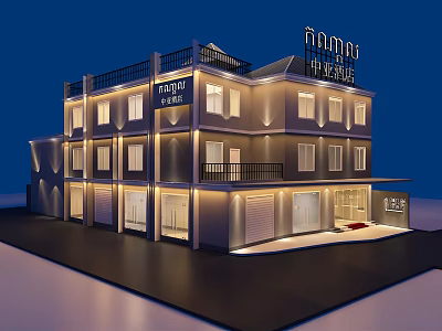 Modern Hotel Building Exterior With Night Lighting And Multiple Balconies 3d model