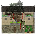 Traditional Chinese Homestay Building with Courtyard Garden Stone Walls Red Doors and Green Plants