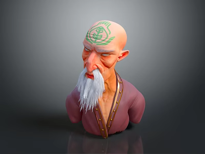 3D Game Movie Character Bald Head With Green Forehead Symbol Long White Beard Pink Outfit 3d model
