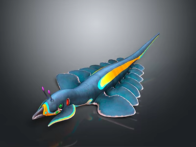 Fantasy Blue Fish Creature With Yellow Orange Stripes Purple Tentacles And Green Eyes 3d model