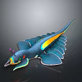 Fantasy Blue Fish Creature With Yellow Orange Stripes Purple Tentacles And Green Eyes