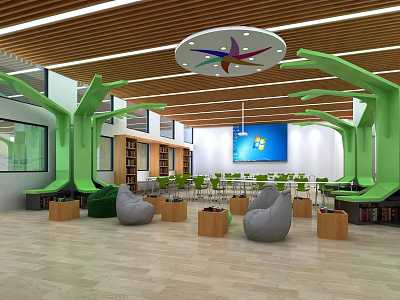 Kindergarten Bright Space Featuring Green Tree Structures Wooden Ceiling Gray Bean Bags And Blue Screen 3d model