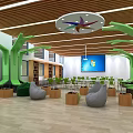 Kindergarten Bright Space Featuring Green Tree Structures Wooden Ceiling Gray Bean Bags And Blue Screen