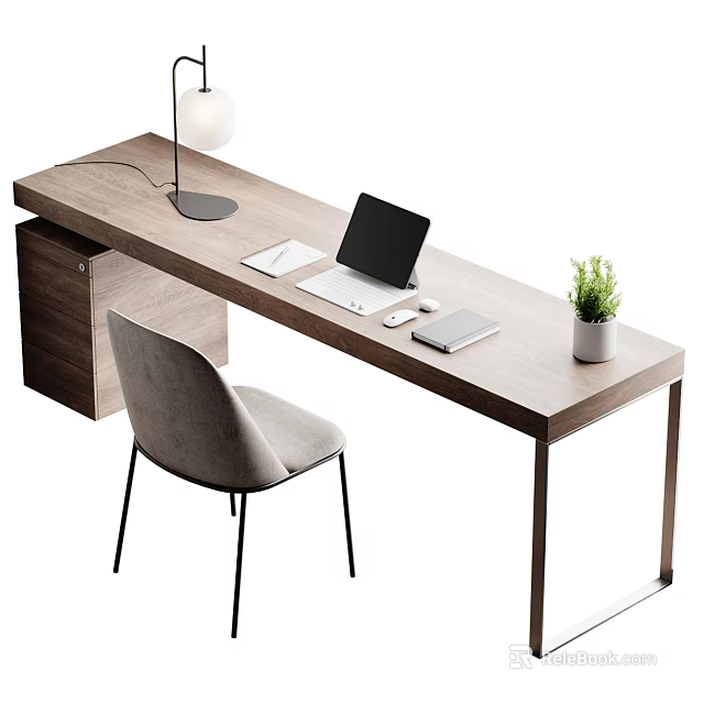 Modern Wooden Office Desk With Laptop Mouse Notebook Lamp Potted Plant And Grey Chair 3d model 