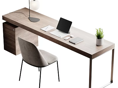 Modern Wooden Office Desk With Laptop Mouse Notebook Lamp Potted Plant And Grey Chair 3d model