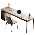 Modern Wooden Office Desk With Laptop Mouse Notebook Lamp Potted Plant And Grey Chair