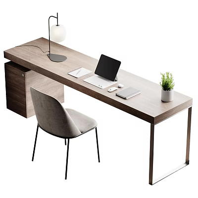 Modern Wooden Office Desk With Laptop Mouse Notebook Lamp Potted Plant And Grey Chair 3d model