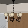 Chandelier With White Globe Shades Black Chain Hanging In Room With Wooden Cabinets Window Blinds
