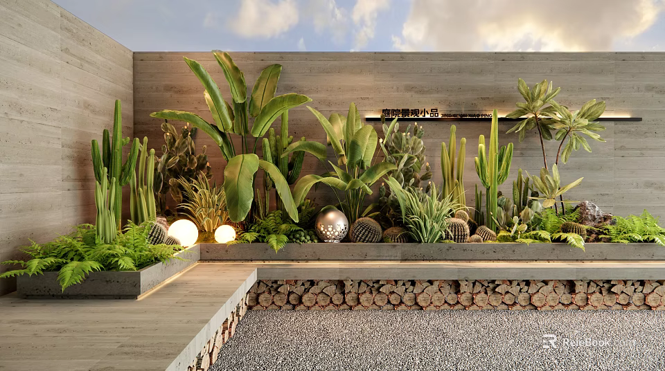 Outdoor Plant Combination With Cactus Banana Leaf Greenery Spherical Lights And Wooden Log Wall 3d model 