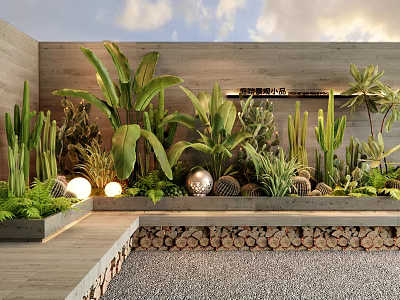 Outdoor Plant Combination With Cactus Banana Leaf Greenery Spherical Lights And Wooden Log Wall 3d model