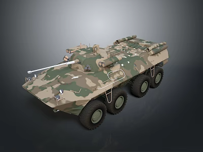 Military Camouflage Wheeled Tank with Top Mounted Weapons and Six Wheels 3d model