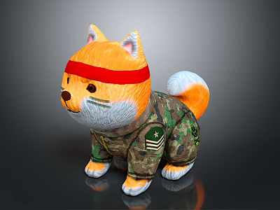 Cute Shiba Inu Plush Toy Wearing Camouflage Outfit And Red Headband 3d model