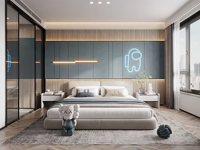 Modern Kids Room Interior Design With Bed Neon Astronaut Decoration And Stuffed Toy 3d model
