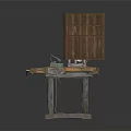 Vintage Wooden Workbench with Open Tool Cabinet Hanging Tools and Vise on Worn Surface
