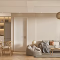 Modern Living Dining Room Interior Design With Wooden Furniture Artwork And Pendant Lights