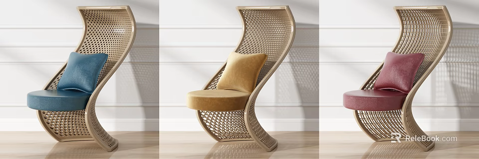 Modern Single Chair With Curved Woven Frame And Upholstered Beige Cushion Seat 3d model 