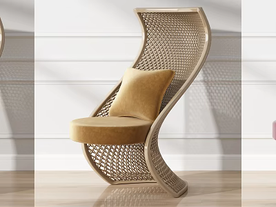 Modern Single Chair With Curved Woven Frame And Upholstered Beige Cushion Seat 3d model