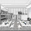 Modern Open Public Office Space Featuring White Desks Computers Glass Partitions Blinds And Plants