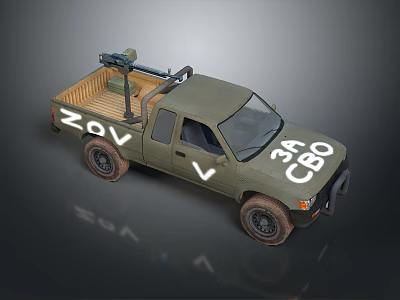 Olive Green Military Pickup With Weapon Mount In Bed Featuring ZOV V 34 CBO Markings 3d model