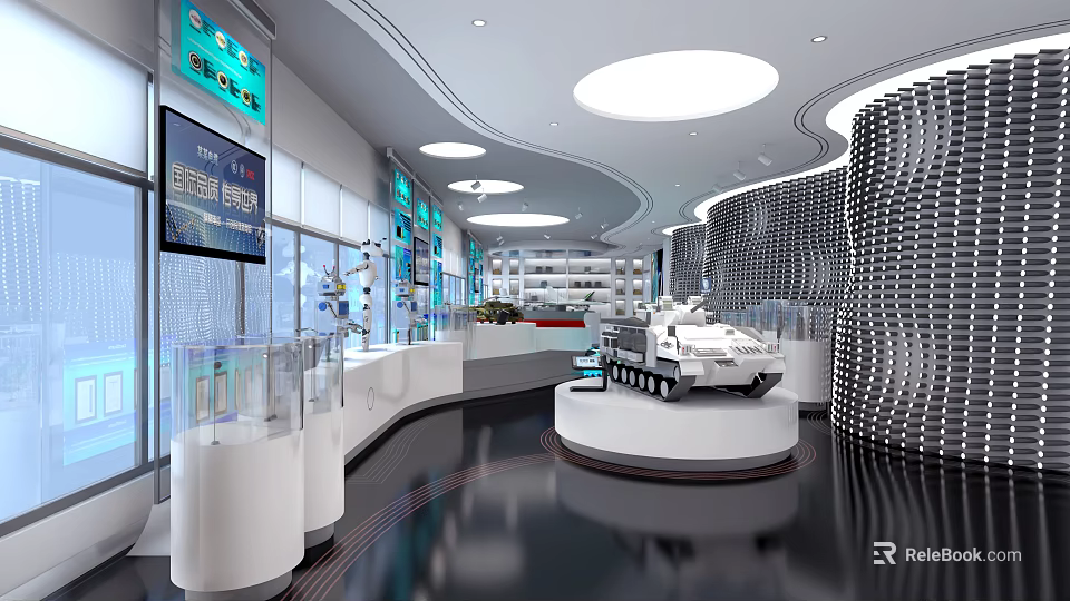 Modern Exhibition Hall With Display Cases Interactive Screens And Model Vehicle On Circular Platform 3d model