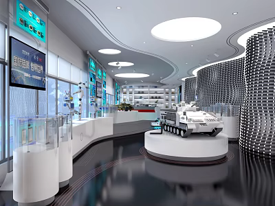 Modern Exhibition Hall With Display Cases Interactive Screens And Model Vehicle On Circular Platform 3d model