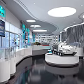 Modern Exhibition Hall With Display Cases Interactive Screens And Model Vehicle On Circular Platform 3d model