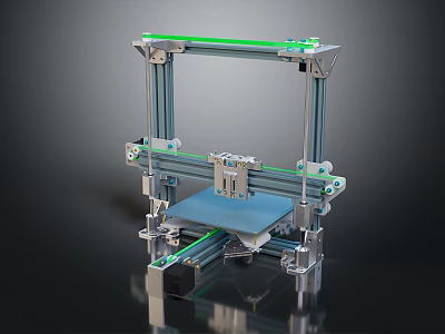 Desktop Computer Controlled 3D Printer with Metal Frame Green Rails and Blue Platform 3d model