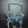 Desktop Computer Controlled 3D Printer with Metal Frame Green Rails and Blue Platform 3d model