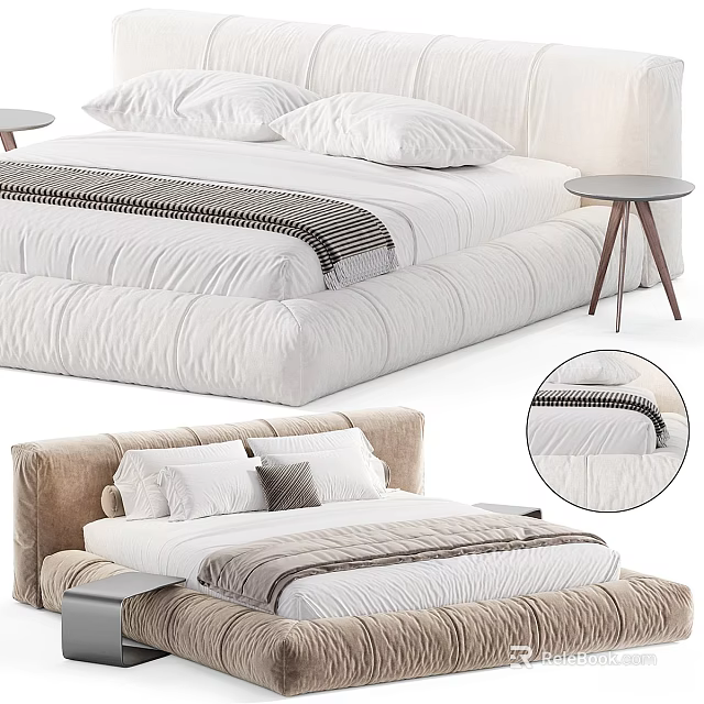 Modern Comfortable Double Bed With Soft Mattress Pillows And Upholstered Headboard 3d model 