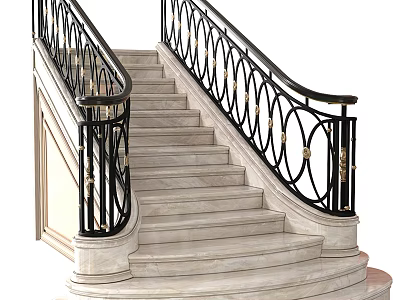Elegant Curved Marble Staircase Interior Design With Black Railings And Circular Decorative Elements 3d model