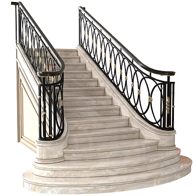 Elegant Curved Marble Staircase Interior Design With Black Railings And Circular Decorative Elements 3d model