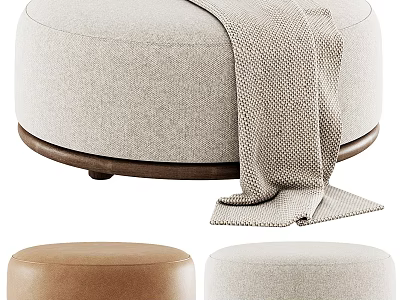 Modern Round Upholstered Ottoman With Knit Blanket Wooden Base Multiple Colors 3d model
