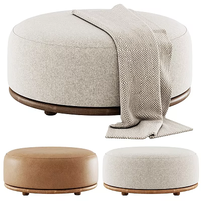 Modern Round Upholstered Ottoman With Knit Blanket Wooden Base Multiple Colors 3d model