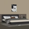 Modern Double Bed with Leather Headboard White Bedding and Abstract Wall Art in Minimalist Bedroom