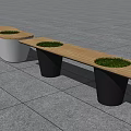 Modern Outdoor Bench With Wooden Top And Circular Grass Inserts On Gray Tiled Floor