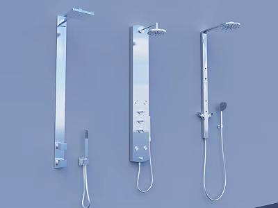 Silver Shower Faucets on Light Blue Wall with Handheld Showers and Different Spray Head Designs 3d model