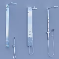 Silver Shower Faucets on Light Blue Wall with Handheld Showers and Different Spray Head Designs