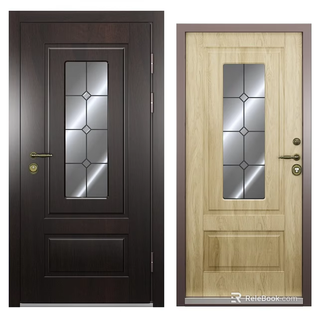 Dark And Light Wooden Swing Doors With Glass Panels And Diamond Patterns 3d model 