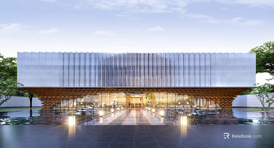 Modern Sales Office Building With Glass Curtain Wall Stone Pavement And Illuminated Entrance 3d model