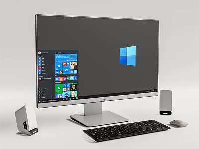 Desktop Computer Setup with Monitor Keyboard Mouse and Speakers Displaying Windows Interface 3d model