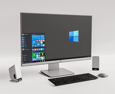 Desktop Computer Setup with Monitor Keyboard Mouse and Speakers Displaying Windows Interface 3d model