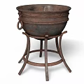 Rustic Cast Iron Kitchen Pot With Handles On Metal Stand 3d model