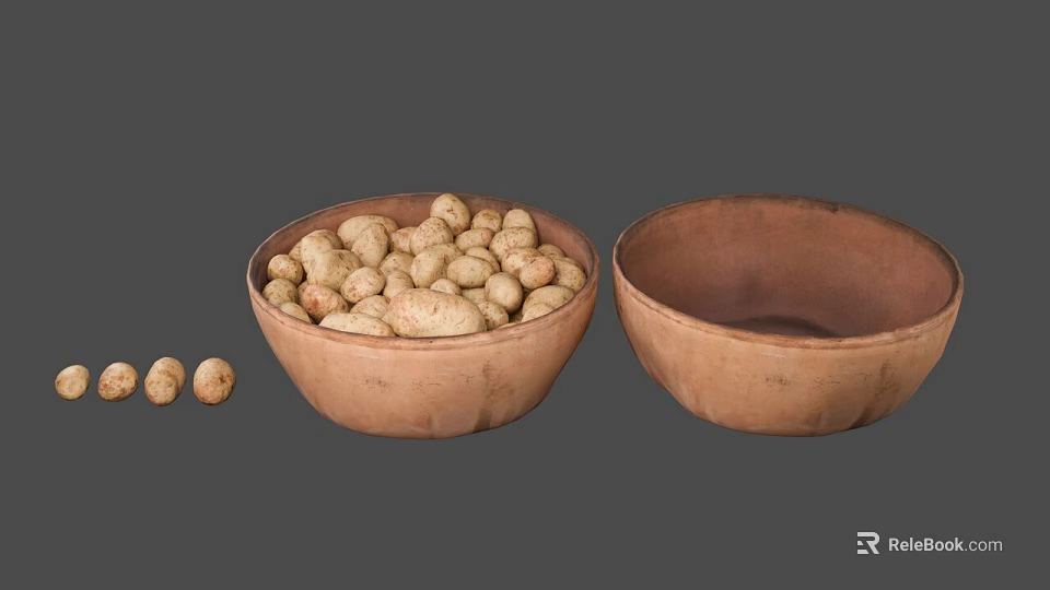 Fresh Potatoes in Earthenware Bowl with Another Empty Bowl and Two Beside 3d model 