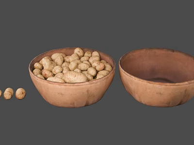 Fresh Potatoes in Earthenware Bowl with Another Empty Bowl and Two Beside 3d model