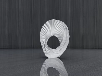 White Spiral Sculpture With Pleated Texture On Dark Wood Grain Background And Smooth Floor Reflection 3d model