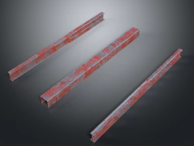 Three Red Metal Structural Beams With Rustic Painted Finish And Long Strips 3d model