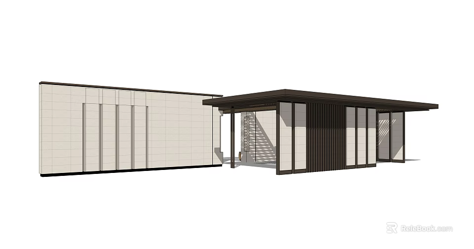 Modern Feature Wall With Beige Stone Facade Black Canopy And Glass Panels 3d model 