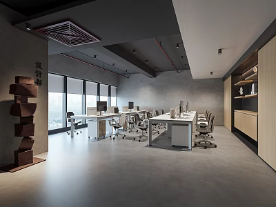 Modern Public Office Space With Large Windows Desks Chairs Gray Walls And Wooden Shelves 3d model