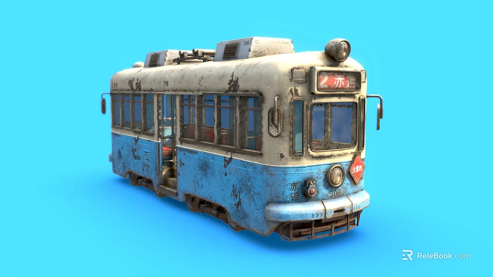 Vintage Blue White Tram With Rusty Exterior 305 Sign And Headlights 3d model 